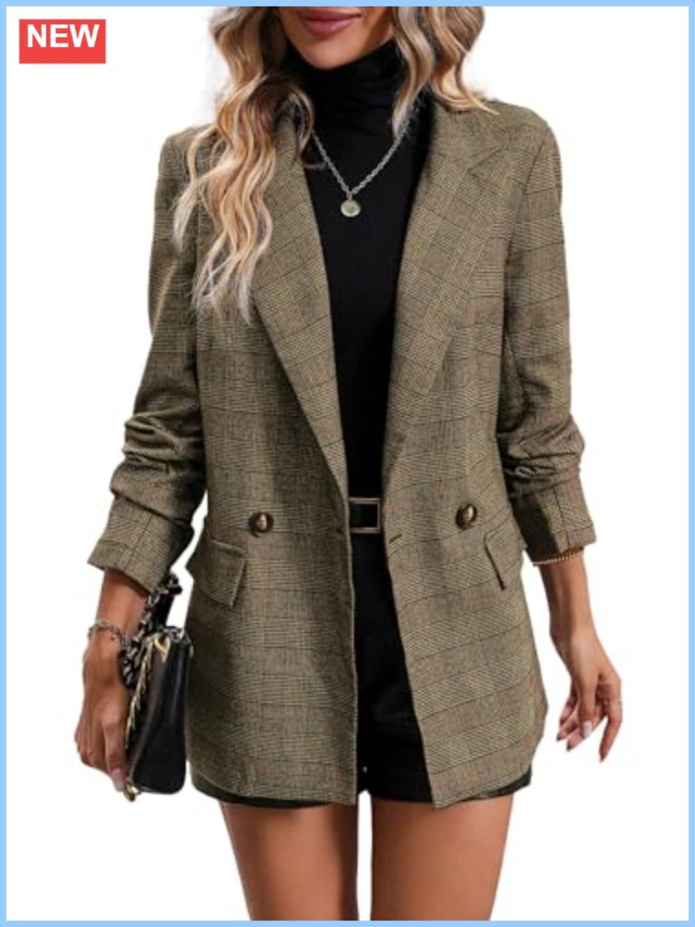 Women's Houndstooth Plaid Blazer Double-Breasted Notch Lapel Tweed Business